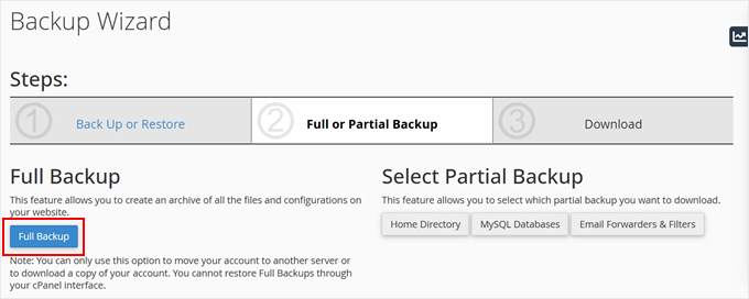 Creating a full cPanel backup
