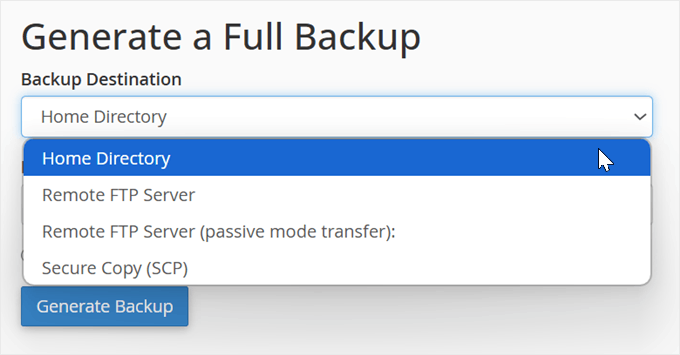 Choosing a cPanel backup destination