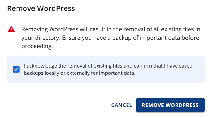 Confirming to remove WordPress in Bluehost