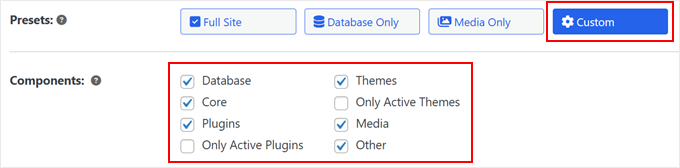 Creating a custom backup in Duplicator