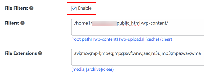 Enabling file filters in Duplicator