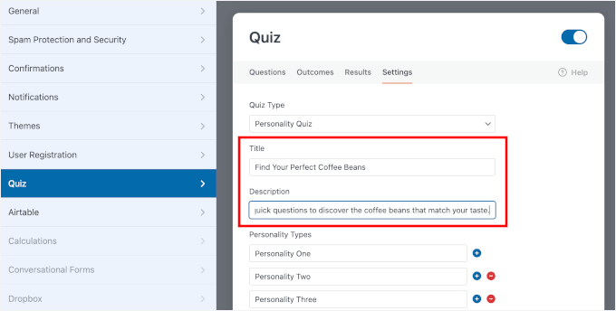 Adding the Product Quiz title and description