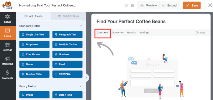 Moving to the Questions tab