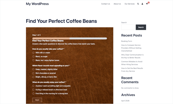 Product quiz on a live site