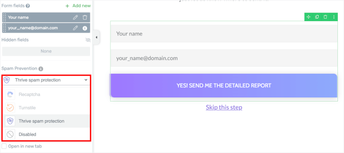 Enabling Thrive spam prevention