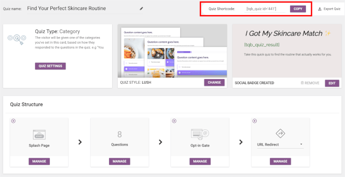 Copying shortcode in Thrive Quiz Builder