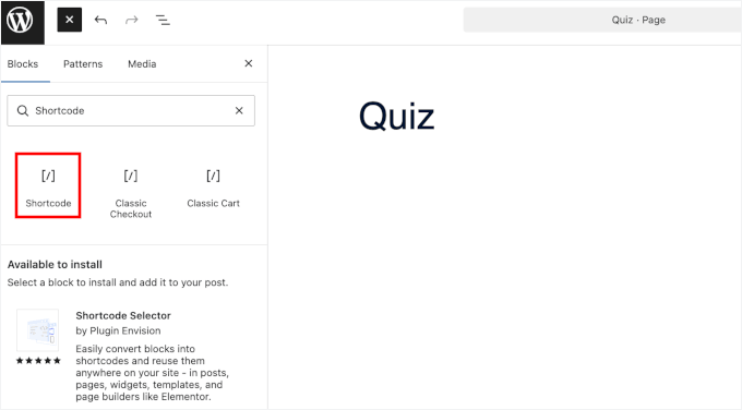 Adding the Shortcode block in block editor