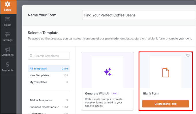 Choosing a blank canvas to build a product quiz in WPForms