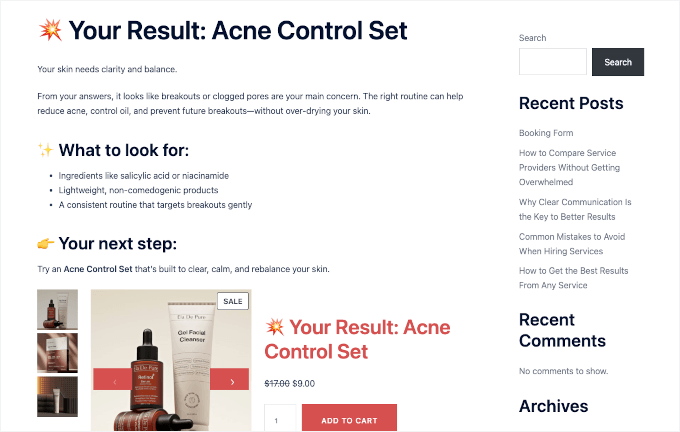 URL Redirect quiz result