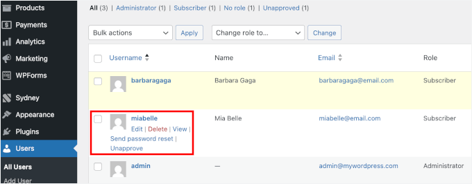 The Unapprove link for automatically assigned subscriber