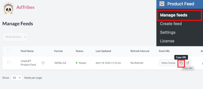 Copy product feed URL