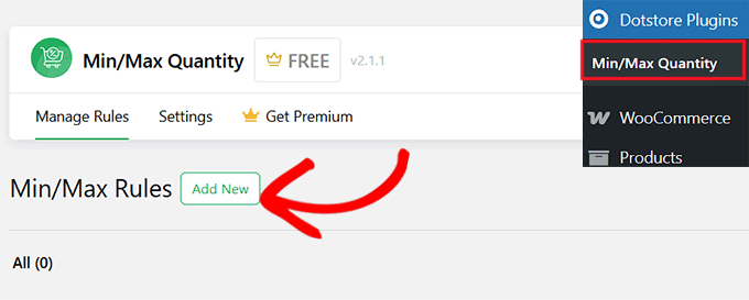 Click the Add New button in the Minimum and Maximum Quantity for WooCommerce plugin Click the Add New button in the Minimum and Maximum Quantity for WooCommerce plugin