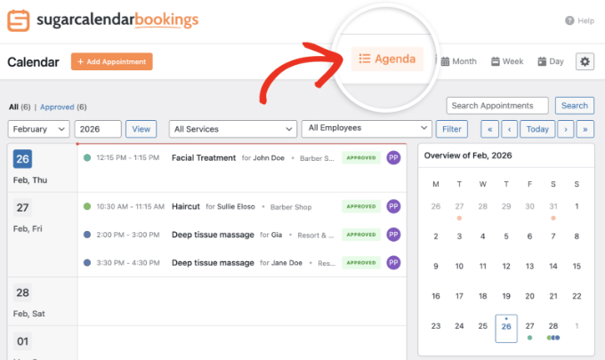 The Agenda View in Sugar Calendar Bookings