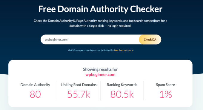 wpbeginner-results-on-moz-domain-authority-checker WPBeginner results on Moz Domain Authority Checker