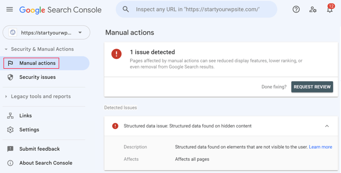 Inspecting Manual Actions in Google Search Console