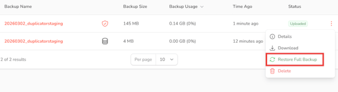 Duplicator cloud restore