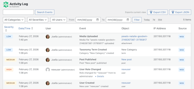 Activity log plugin by Duplicator