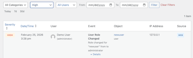 Filter activity events