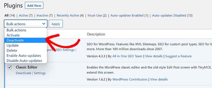 Choose the deactivate option from the Bulk Options dropdown menu Choose the deactivate option from the Bulk Options dropdown menu