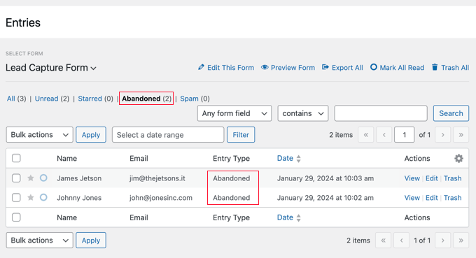 Viewing abandoned form entries in WPForms