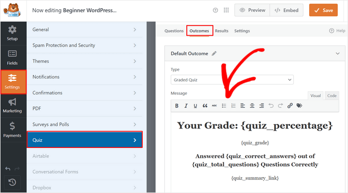 Customize a quiz outcome screen in WPForms