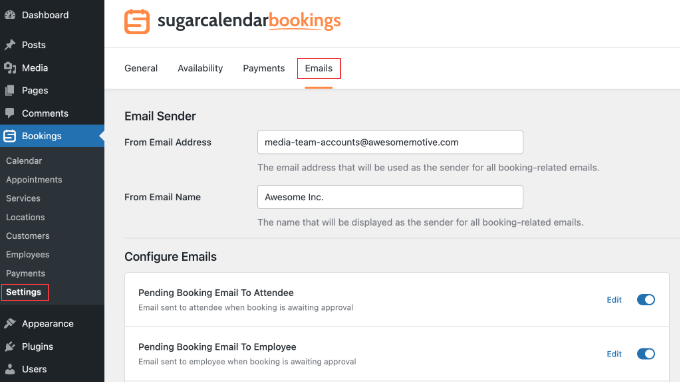 Configuring Email Settings in Sugar Calendar Bookings