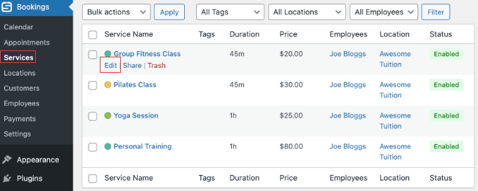 Editing a Service in Sugar Calendar Bookings