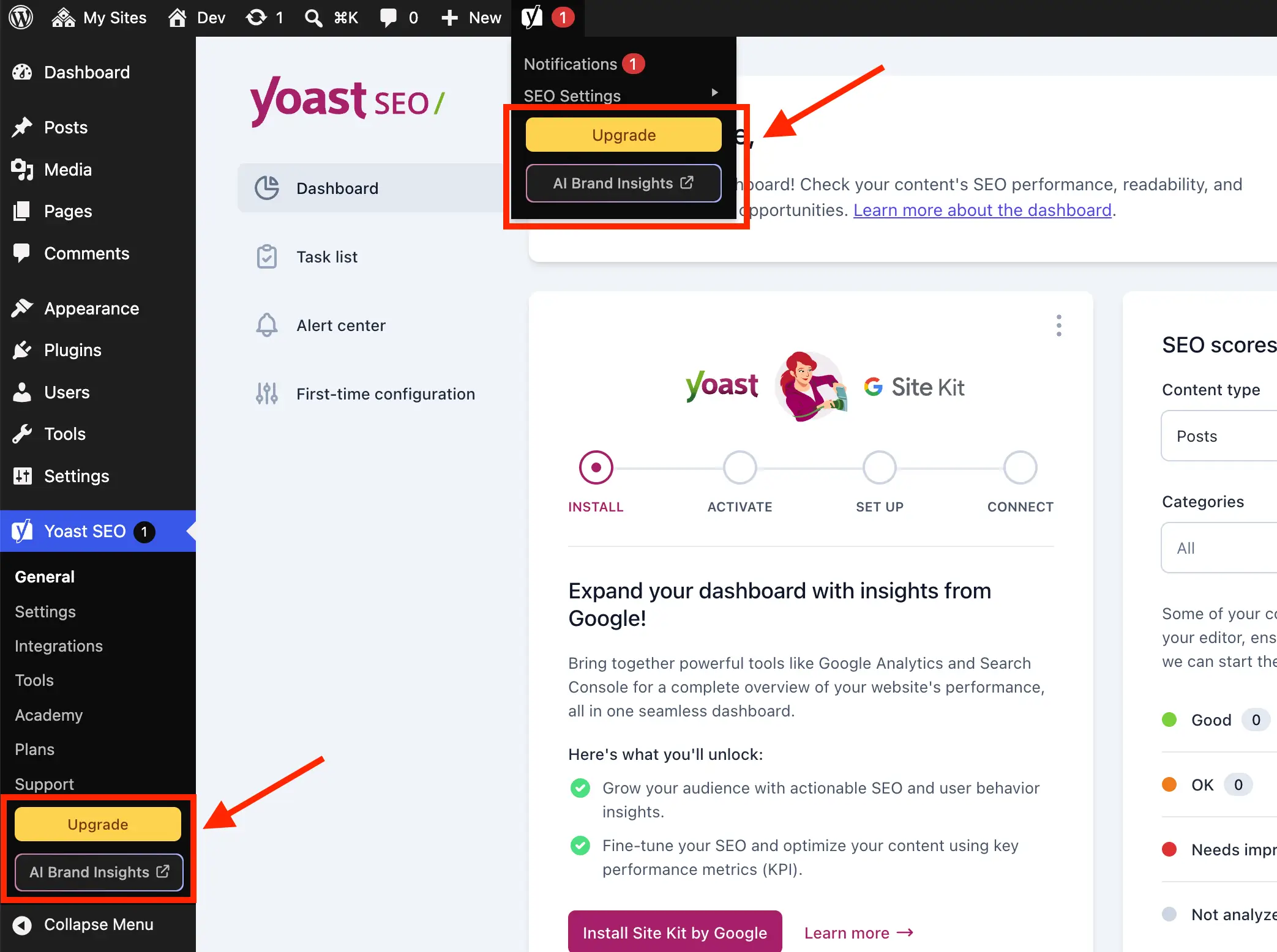 Yoast Plugin Upgrade Admin Buttons
