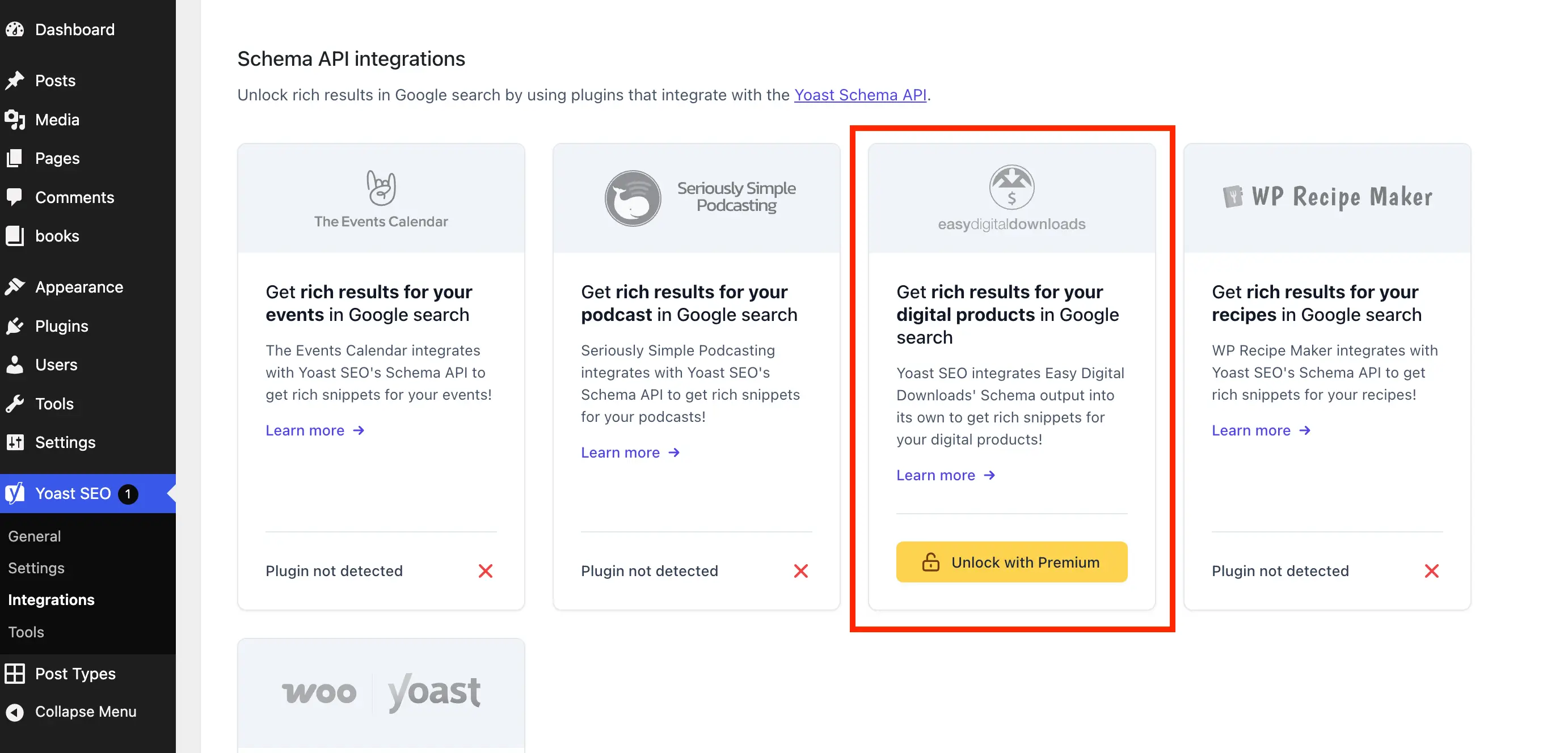 Yoast SEO integrations admin upsell card