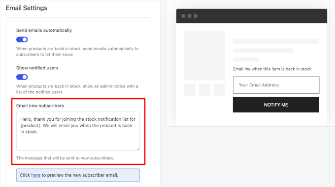 New subscriber email settings