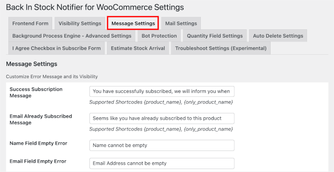Configuing the instock notifier message settings