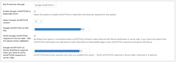 Entering Google reCAPTCHA keys
