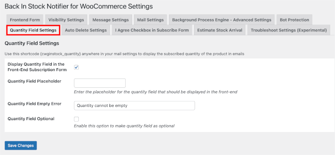 Quantity field settings in Back In Stock Notifier