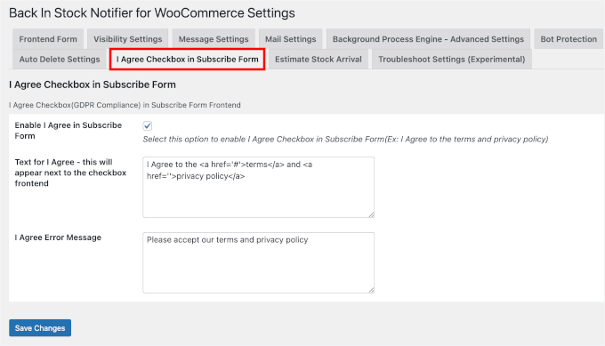 Configuring the instock notifier consent box settings