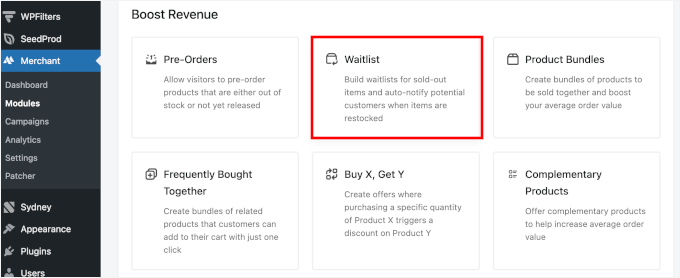 The Waitlist option in the Boost Revenue module section
