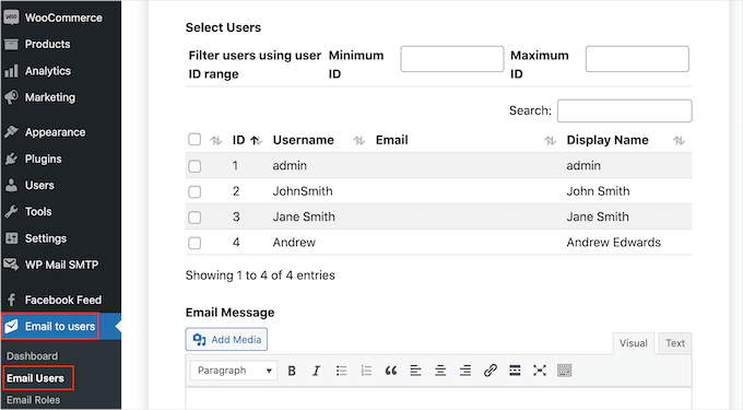 Sending emails to a specific user