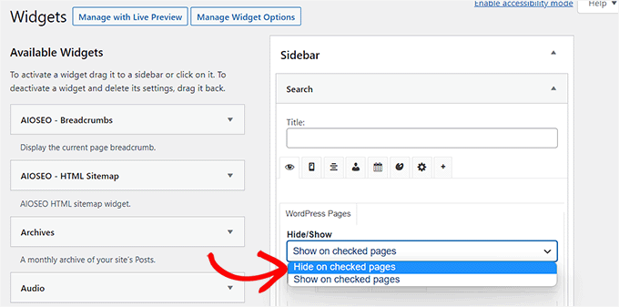Choose if you want to show or hide widget on the checked pages from the dropdown menu