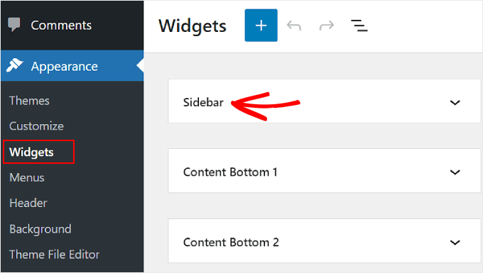 Navigating to the Appearance Widgets menu and selecting Sidebar on WordPress admin panel Navigating to the Appearance Widgets menu and selecting Sidebar on WordPress admin panel