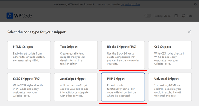 Choosing PHP snippet in WPCode Choosing PHP snippet in WPCode