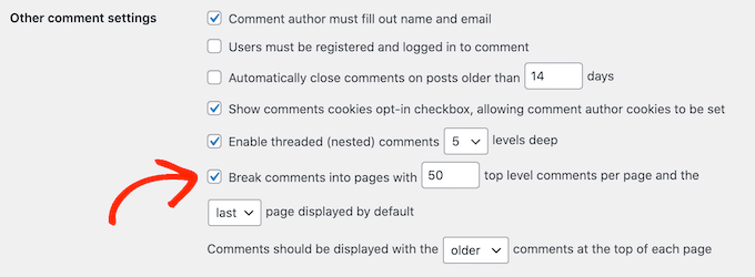 The Break comments into pages setting in the WordPress Discussion settings