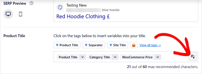 Click star icon in AIOSEO to open AI product title generator