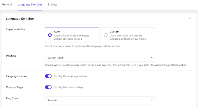 The Universally translation platform for WordPress and WooCommerce Language Switcher settings in Universally showing auto placement, country flags, and rounded style options