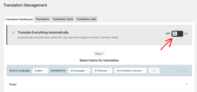 wpml-translation-management-automatic-translation-button WPML automatic translation button in the translation management dashboard