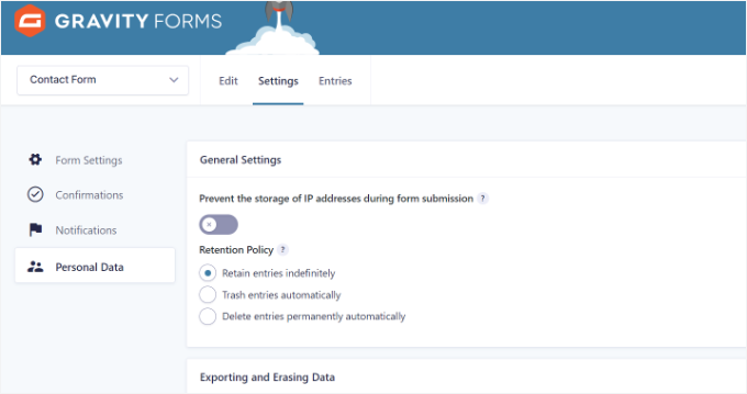 Personal data settings Gravity Forms Personal data settings Gravity Forms