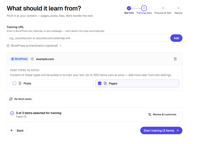 Screenshot of a bot-training UI: enter a training URL, choose content types (Posts/Pages), and start training.