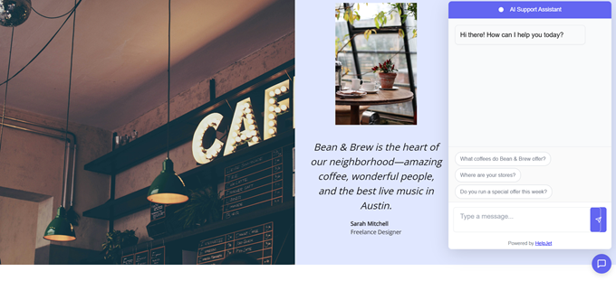 Cafe interior with a glowing'CAFE' sign and hanging green pendant lights; on the right, a chat assistant panel with a small Bean & Brew photo and intro text.