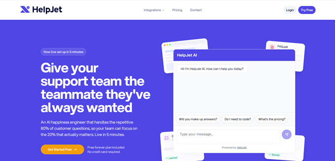 Hero banner for HelpJet AI showing a purple background, floating chat windows, and the headline:'Give your support team the teammate they've always wanted.' including a Get Started Free CTA in the lower area.