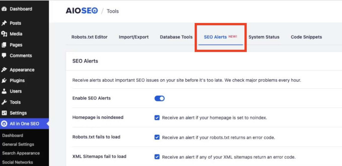 AIOSEO: SEO alerts settings
