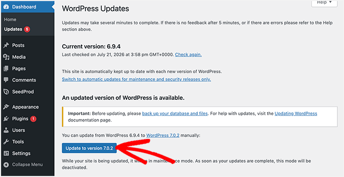 Updating WordPress Core From the Dashboard